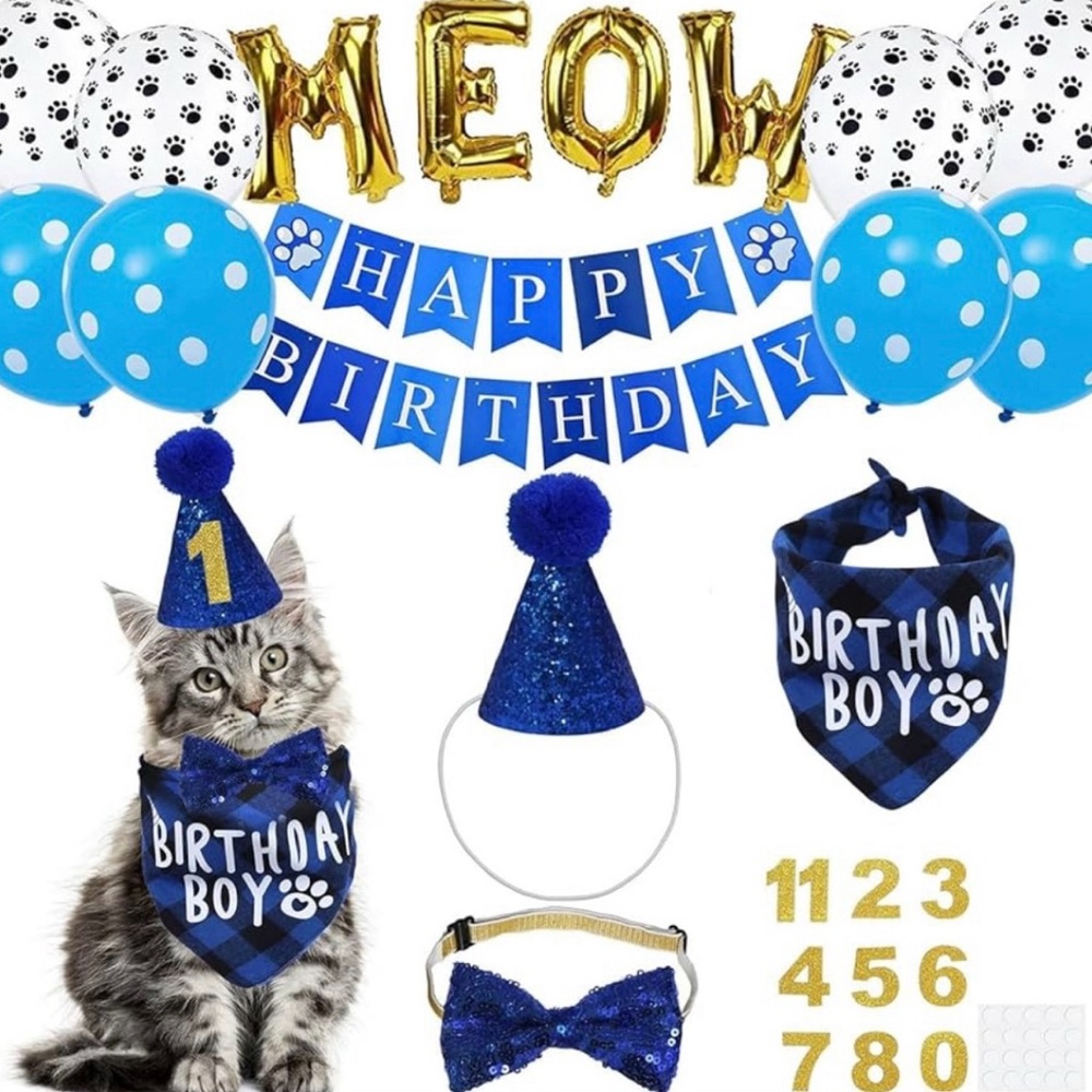 💞 New 43-Piece Blue & Gold Cat Birthday Party Set